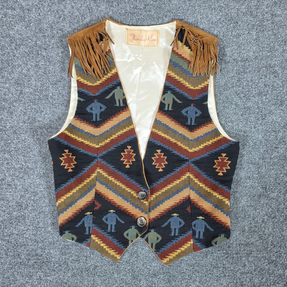 Thunder Rose Vintage Southwestern Tapestry Vest Fringed Corduroy Back Brown S